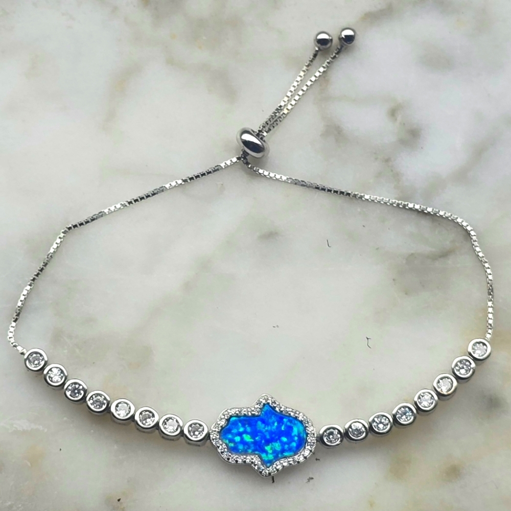 Platinum Plated Sterling Silver Opal Hamsa Bracelet
